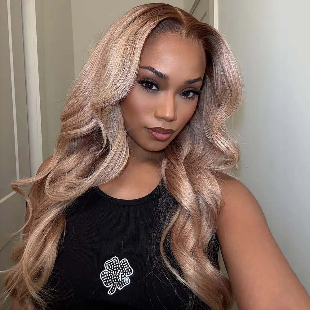 Ombre Brown Roots Ash Blonde Colored Glueless Lace Pre Plucked With Baby Hair Wig 13X6 Transparent Lace Front Human Hair 180% Density Can Be Restyled For Woman Drawstring Pre-Cut Lace Wig