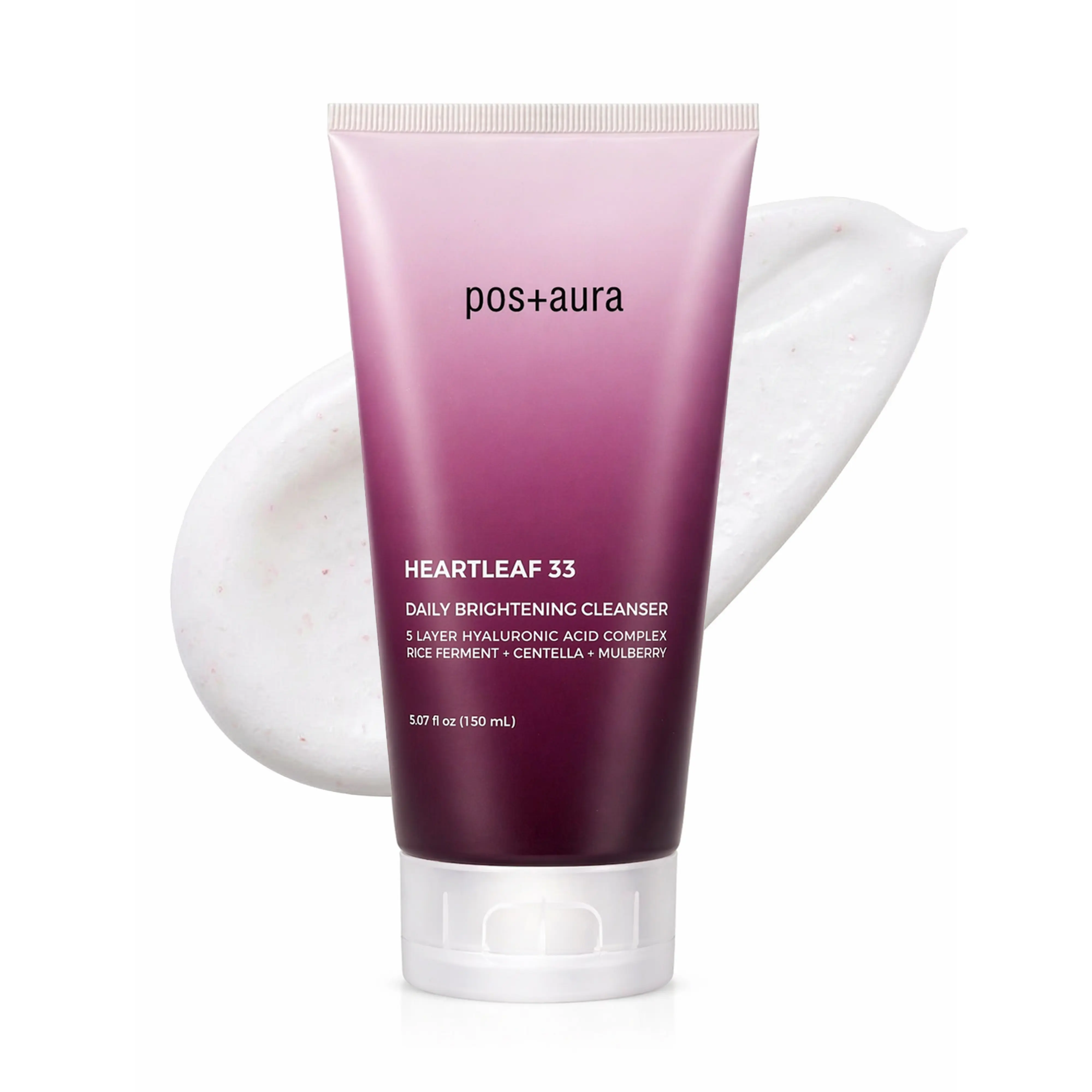 pos+aura Heartleaf 33%, Centella, Mulberry & Rice Ferment Foaming Facial Cleanser – 5X Hyaluronic Acid Hydrating, Refreshing & Brightening Gentle Daily Face Wash for Sensitive & Dry Skin, Soothing K-Beauty Inspired Low-pH Cleanser