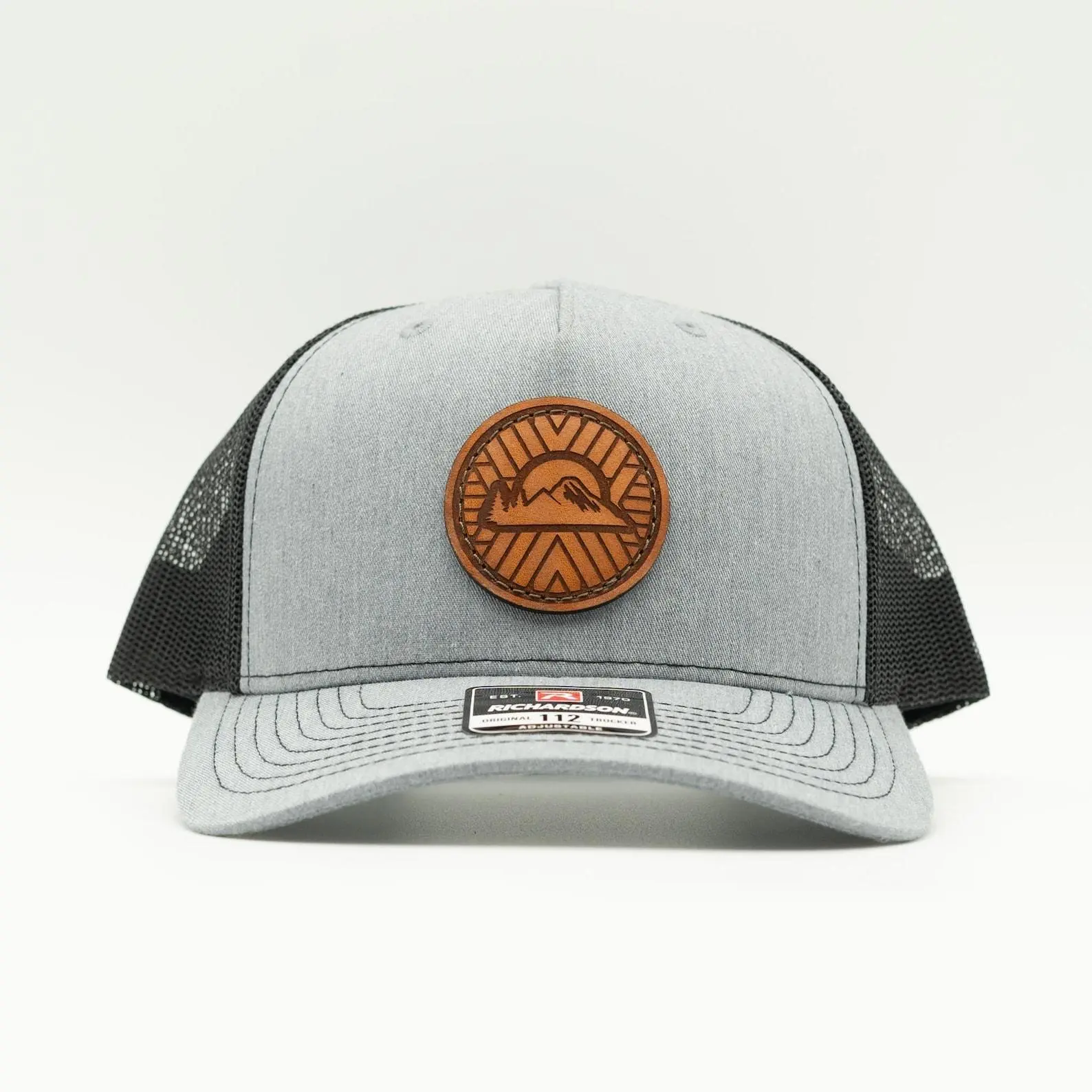 Richardson 112 Trucker Hat - Sewn Real Leather, 5-Panel, Mesh Back Snapback, Mosaic Sunset Design (Sports & Outdoor Accessory)
