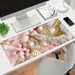 1pc Luxurious Pearl Flowers Large Gaming Mouse Pad Artistic Desk Mat Office Desk Accessories Gaming Desk Accessory With Stitched Edge Non-Slip Mousepad Rubber Base Computer Keyboard Desk Pad 35.4x15.7 Inch Table Mat for Home Office
