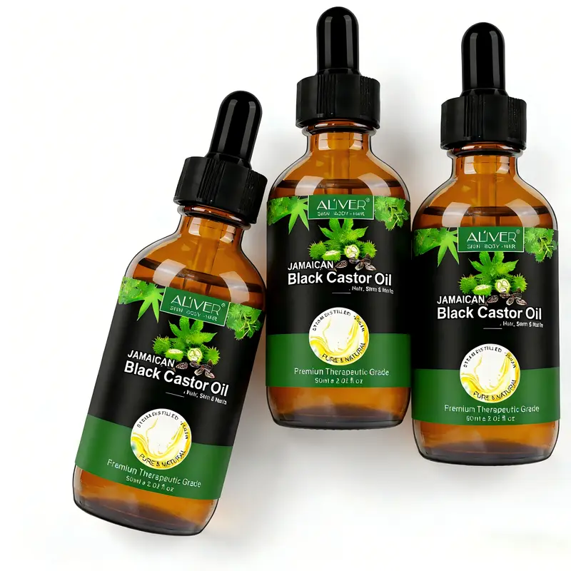 ALIVER Organic Jamaican Black Castor Oil (Ricinus Communis) Glass Bottle - Hexane-Free Moisturizer (60ml & 120ml*2) for Natural Hair Care, Organic Hair Growth, Scalp Oil & Brow Care