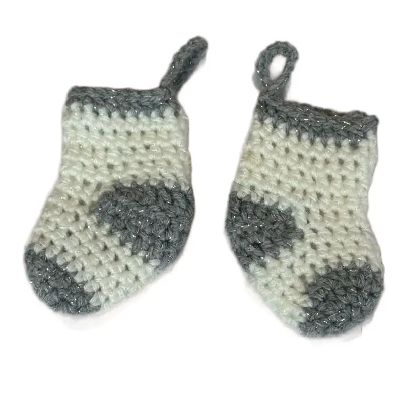 Whimsical Stinky Sock Ornament Mini Sparkling Sock Tree Ornament Handmade Crocheted 4 Inch White Yarn with Grey Accents Perfect for Christmas Decor