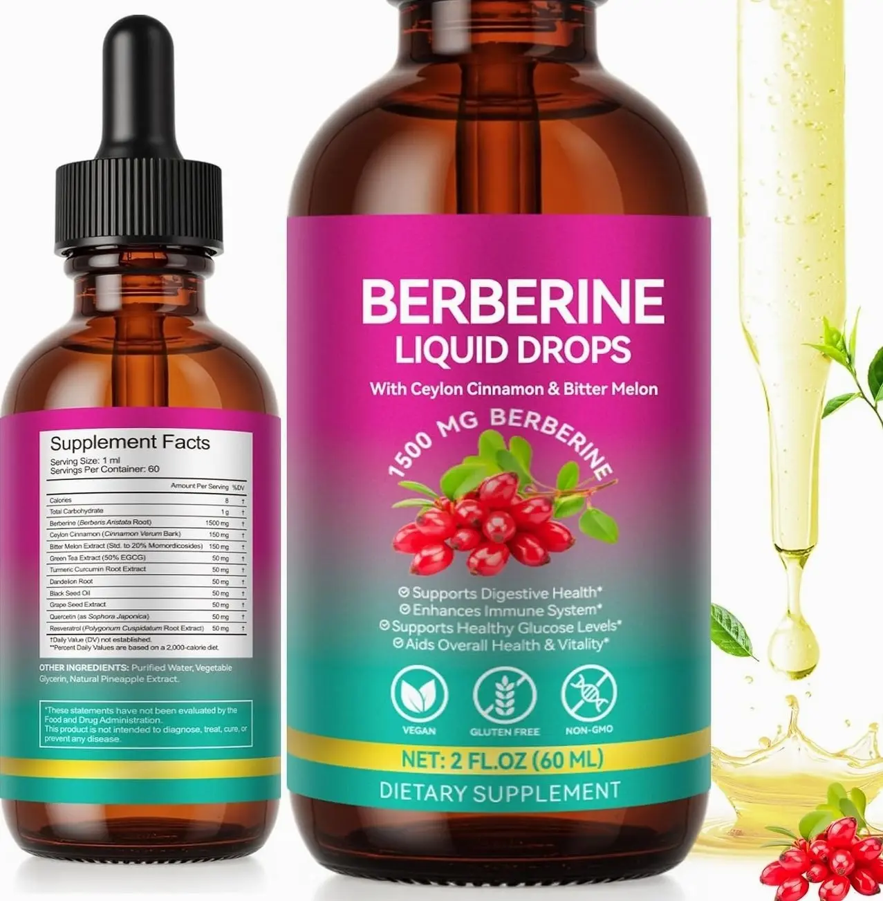 Berberine Supplement Liquid 60ml, Berberine with Ceylon Cinnamon, Berberine Drops with Turmeric Curcumin, Bitter Melon, Immune Support, Digestive Health Support