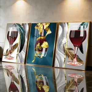 3Pcs Aluminum Alloy Framed Painting, Elegant Wine Glass And Feather Art Picture, Home Decoration For Living Room, Bedroom, OfficeWall Decor, Odorless Print Artwork, Luxury Perfect Gift For Friends And Family