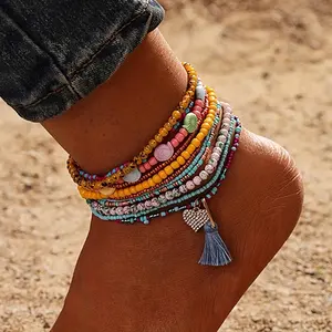 8/11pcs Set of Bohimain Style Rice Beads Ankle Chains for Women, Summer Beach Love Tassel Pendant Foot Chain, Vacation Fashion Jewelry Accessorise