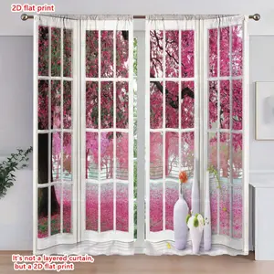 2D Flat 2Pcs Romantic Pink Sakura Tree View Curtains, Faux Window Print Pole Hung Semi Blackout Drapes for Living Room Bedroom Home Decor, Privacy Enhancing Panels, aesthetic, transparent,,