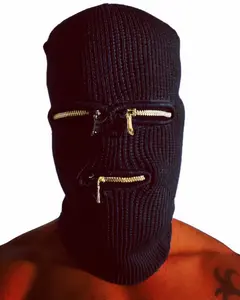 Zip Hard Ski Mask - Black Ribbed Design with Adjustable Straps, Comfortable Cotton Knit Material, Ideal for Skiing and Snowboarding, Versatile Accessory for Outdoor Activities