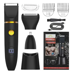 3-in-1 Electric Shaver for Men, Waterproof Body Grooming Kit for a Smooth Shave, Rechargeable Trimmer with LCD Display for Face, Nose & Body