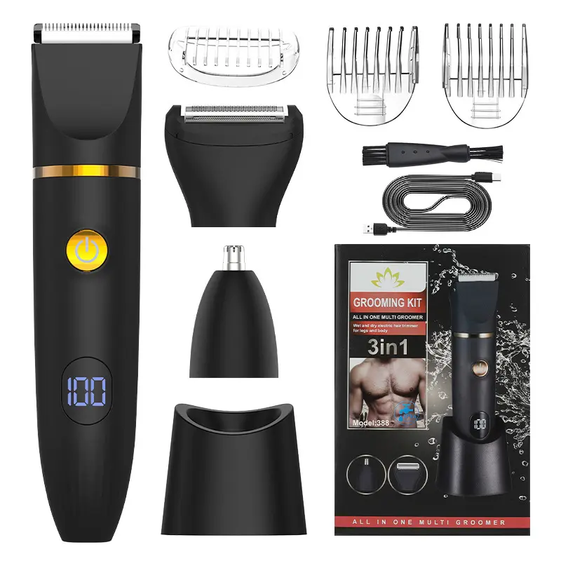 3-in-1 Electric Shaver for Men, Waterproof Body Grooming Kit for a Smooth Shave, Rechargeable Trimmer with LCD Display for Face, Nose & Body
