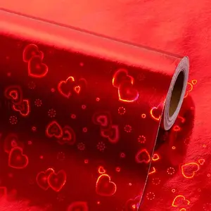 Red Wrapping Paper-Mini Roll 17inch*32.8ft（46.8sq.ft.ttl- Holographic Foil Gift Paper with iridescent Love Heart for Valentine's day,Anniversary,Holiday,Wedding,Baby Shower
