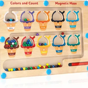 Montessori Wooden Magnetic Color & Number Maze, Montessori Puzzles Gift, Ice Cream Sorting Board for Toddlers 3-5, Fine Motor Skills & Counting Travel Toy