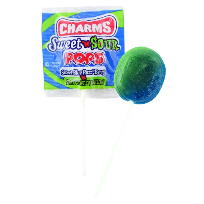 48-Count Sweet & Sour Charms Flat Suckers - Bulk Artificial Hard Candy Lollipops with Corn Syrup, .62oz Individually Wrapped, for Children’s Party Favors & Goodie Bags, Gift Jar Stocking Stuffer