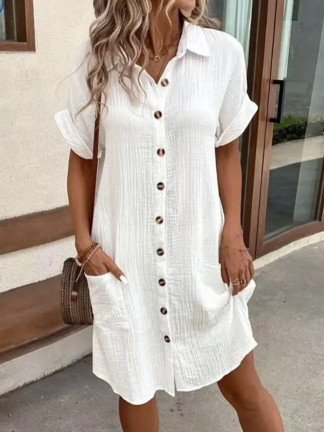 Women's Short-Sleeve Breathable Linen Midi Dress - Loose-Fit, Basic, Minimalist Tunic with Pockets, Adjustable Button-Down Shirt Dress for Camping, Summer Beach (Womenswear Style, Matching Essential)