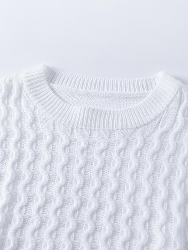 Women's Textured Curved Hem Cable Knit Sweater, Casual Long Sleeve Round Neck Jumper for Fall & Winter, Fashion Ladies' Knitwear for Daily Wear