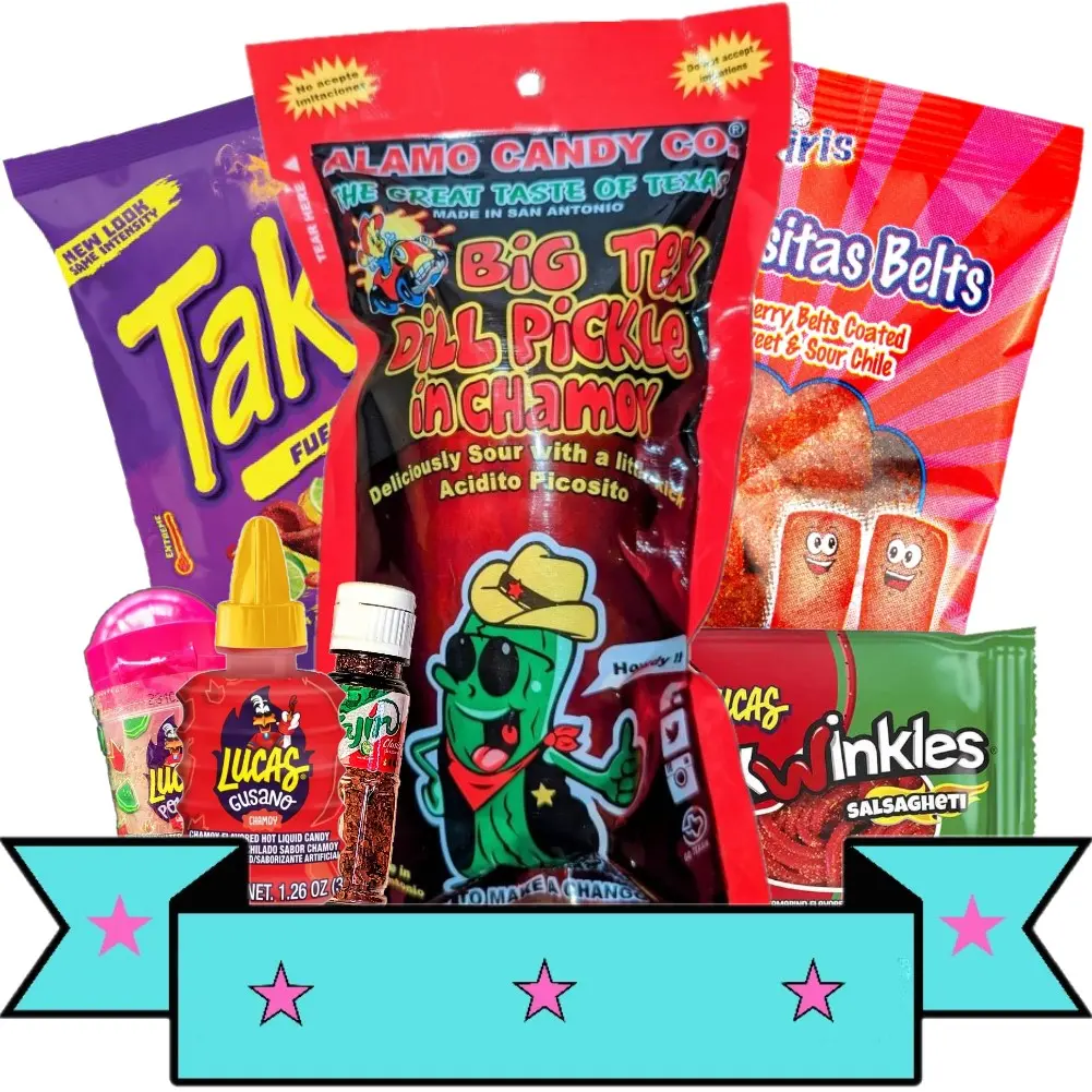 Chamoy Pickle Kit, Takis, Popular Mexican Candy, Lucas Gusano, Salsagheti, Tajin, Sour Belts, Pepinillo de chamoy 7 piece Snack Gift Set Food