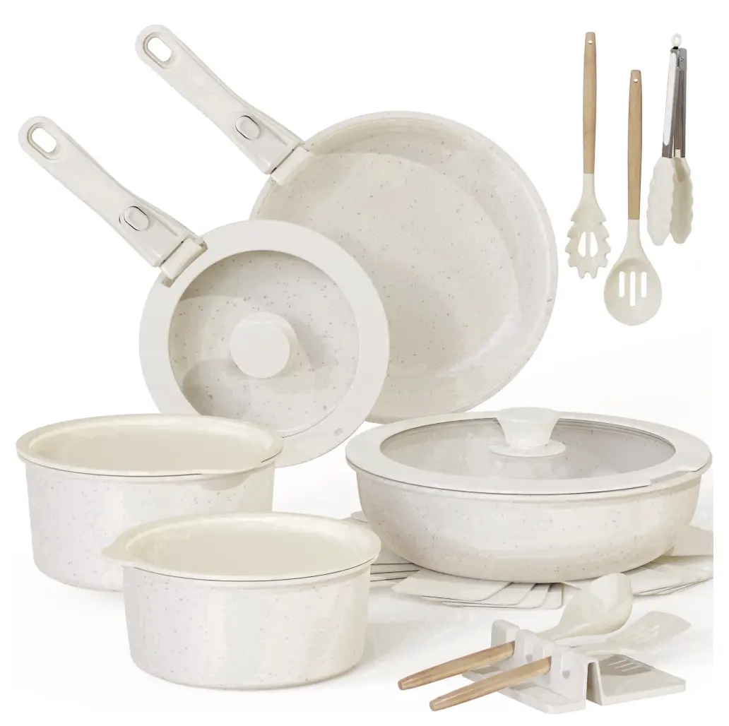 Astercook 20-Piece Pots and Pans Set, Ceramic Nonstick Cookware Set with Detachable Handles, Stackable Induction Cooking Set for Kitchen, RV and Camping, Dishwasher & Oven Safe, Cream White
