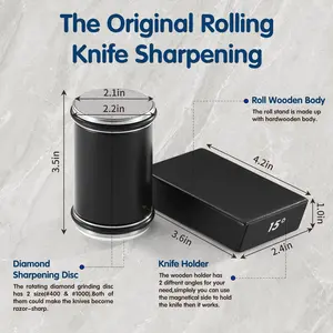 Rolling Knife Sharpener Kit, Chef Knife Sharpener Tool for Kitchen Knives, Roller Knife Sharpening System with 15 & 20 Degree Magnetic Angle, Wooden Roller with Diamond Discs