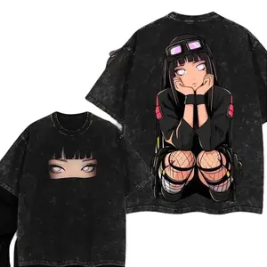Men's Oversized Short-Sleeve Round Neck Cotton T-Shirt - Menswear, Vintage Naruto Hinata Graphic, Distressed Effect, Anime-Inspired All-Season Top, Shortsleeve