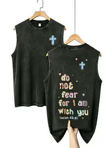 Menswear Relaxed Fit Oversized Vintage Washed Christian Tank Top - Unisex Soft Fabric, Isaiah 41:10 "Do Not Fear" Colorful Patchwork Print Sleeveless Men's Vest for Spring Glowup