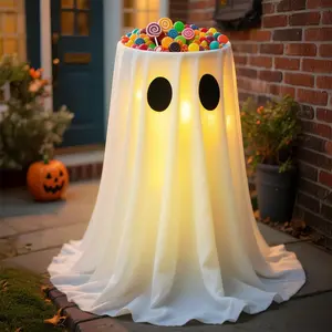 USB Powered Halloween Decorations - Halloween Ghost Candy Bowl Stand Decoration with 8 Modes Remote Control LED Lights - Cute Ghost Candy Holder for Front Door Porch Outdoor Indoor Decor