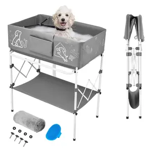 Elevated Pet Bath Tub For Dogs And Cats - Collapsible, Portable Foldable Wash Station With Built-In Drain Hose, Space-Saving Indoor Outdoor Grooming Tub For Small To Medium Pets, Easy Cleaning, Gray