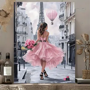 2D Flat, 1 Piece Paris Romantic, Artistic Canvas Wall Art - Pink Dress Lady Eiffel Tower Street Scene Poster, Ready to Hang Vintage Paris Decoration, Suitable for Home & Office - Wedding or Anniversary Gift, Romantic Artwork, Dopamine Decor