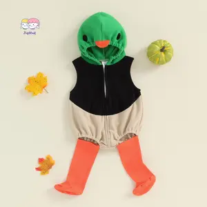 Baby Duck Costume, Sleeveless Hooded Zipper Closure Romper with Leg Warmers Halloween Cosplay Costume
