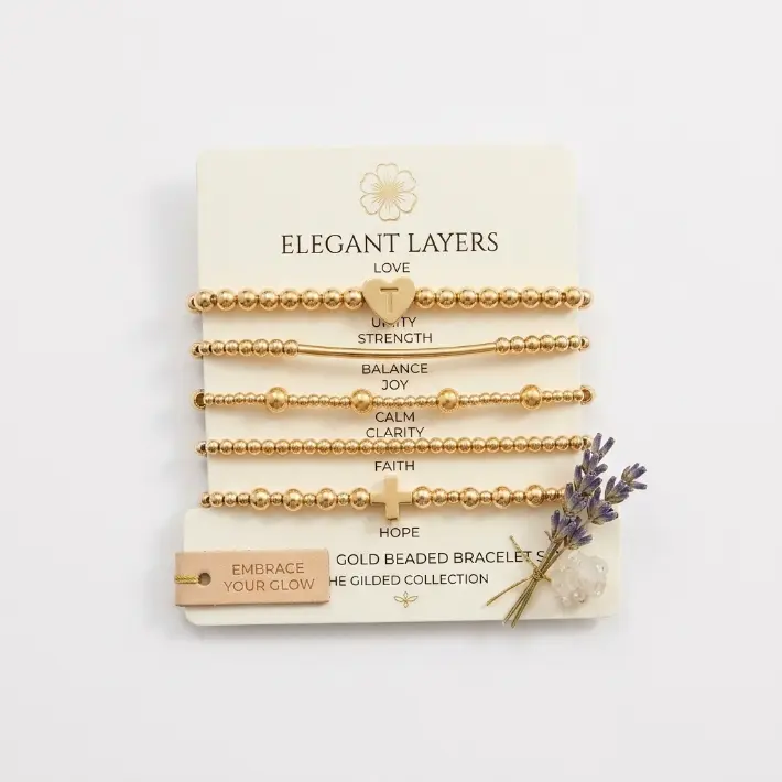 Women's Non Tarnish Gold Beaded Bracelets - Stackable Stretch Bangles with Cross Charm, Non Tarnish Jewelry Accessories, Mom Birthday Gift Option, Bracelets For Women, Beaded Pearl Bracelets & Bangles