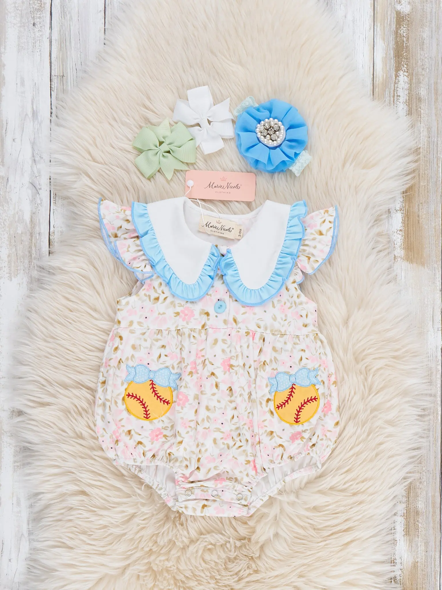 Playtime Softball Embroidered Ruffle Bubble Romper