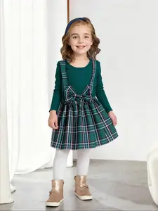 Girls' Long Sleeve Dress, Fall & Winter Knit Elastic Round Neck Knee-Length Plaid Print Bow Design, Sweet Cute Style for Ages 3-7, Vintage Girly Clothes