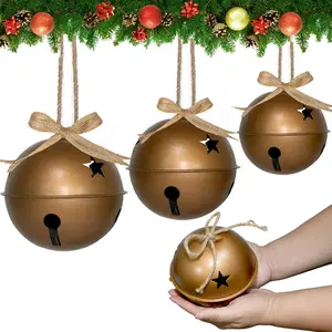 3Pcs Large Christmas Vintage Bells Christmas Tree Ornaments Set of 5.5" 4.7" 4" H Rustic Jingle Bells with Jute Rope and Ribbon for Christmas Door Home DIY Craft