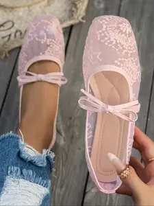 Women's Lace Flat Shoes, Fashionable Outdoor Casual Breathable Slip-On Ballet Flat Loafers, Comfortable Round Toe Design, Perfect for Daily Wear, Slip Ins Shoes