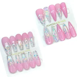 Handmade Pink Chunky Glitter Design Acrylic Press On Nails 10 PCS - Glossy Finish, Available in Various Sizes and Shapes