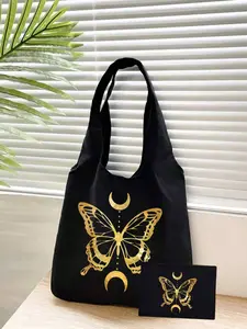Elegant Butterfly Print Canvas Shoulder Bag, Gold Gradient Butterfly and Crescent Pattern, Fashion Crossbody Handbag, Valentine's Gift