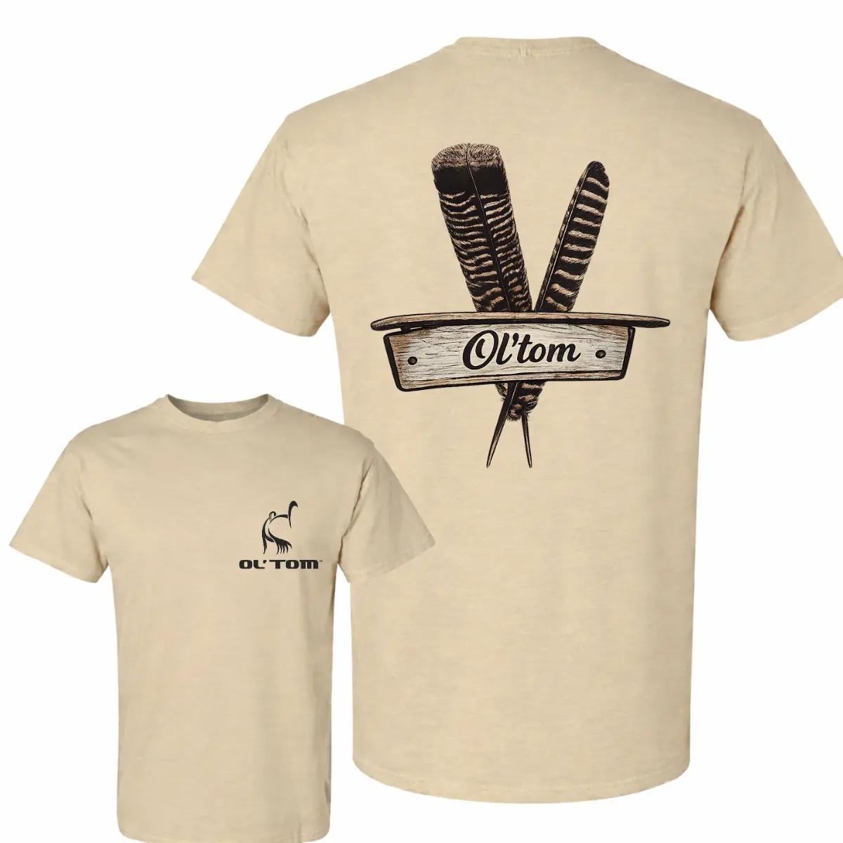 Ol’tom Vintage Feather Graphic T-Shirt Rustic Outdoor Style Unisex Cotton Tee with Back Print Wooden Sign Design, Casual Streetwear Shirt for Men Women, Nature Inspired Graphic Tee, Hunting Fishing Lifestyle Apparel Gift