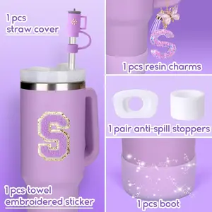 6PCS Cup Accessories Set, Including Silicone Straw Topper Cover Cap and Boot, Spill Proof Stopper, Handle Charm, Initials Sticker (Letter S)(not contain cup)