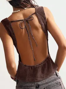 Women Casual Solid Color Knit Backless Fitted Camisole Tie Back Top Open Back Tops Sexy Streetwear Fashion Summer Outfit Bohemela Top