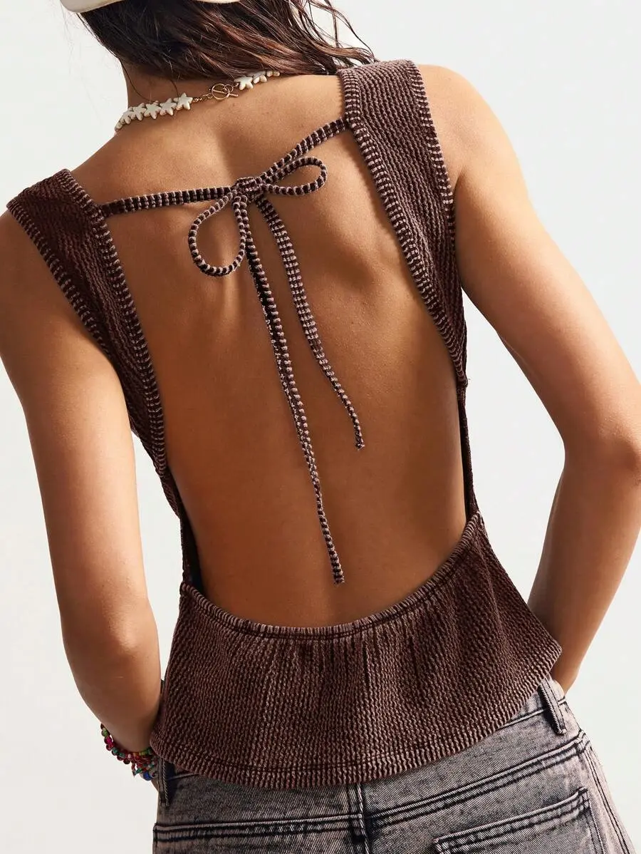 Women Casual Solid Color Knit Backless Fitted Camisole Tie Back Top Open Back Tops Sexy Streetwear Fashion Summer Outfit Bohemela Top