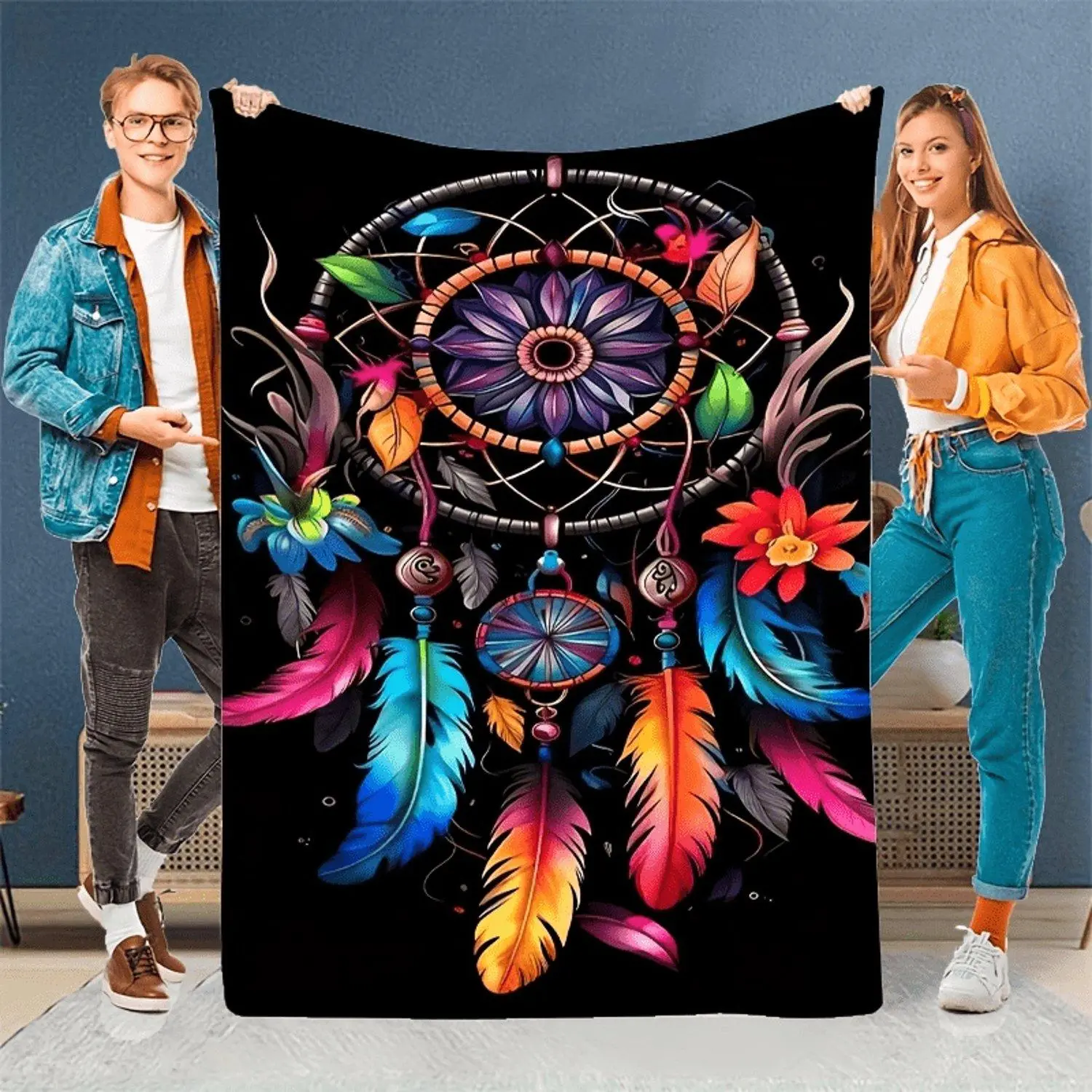 1pc Vibrant Dreamcatcher Feather Print Flannel Blanket – Soft, Cozy, Tear-Resistant Throw with Colorful Beads & Feathers Design – Perfect for Naps, Camping, Travel, and Home Décor – Ideal Gift for Friends & Family