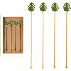 Palm leaf Drink Stirrer Sticks Stainless Steel Coffee Beverage Stirrers,Set of 4  Swizzle Stick,7.5", Multicolor