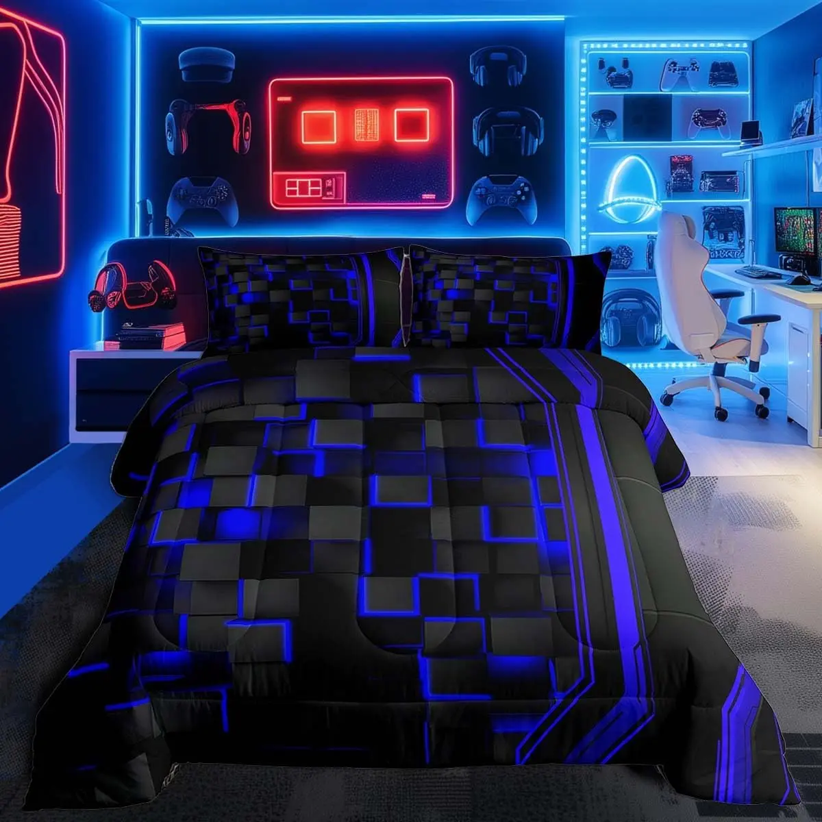 Blue Black Comforter Set Bedding Set for Kids Boys Girls Room Decor Geometric Honeycomb Duvet Quilt Modern Geometrical