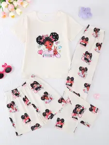Girls' Cartoon Pattern Printed Pyjamas Set, Fitted Short Sleeve Round Neck Top & Shorts Long Pants Sleepwear, All-Season Wear, Pajama Set