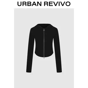 URBAN REVIVO Women's Slimfit Long-Sleeve Hooded Zip Jacket - 1-Piece, Minimalist, Elegant, Flattering Cut, Cold Wash, Full Sleeves, Zip Front Basic Everyday Casual Outerwear, Style UYB150002