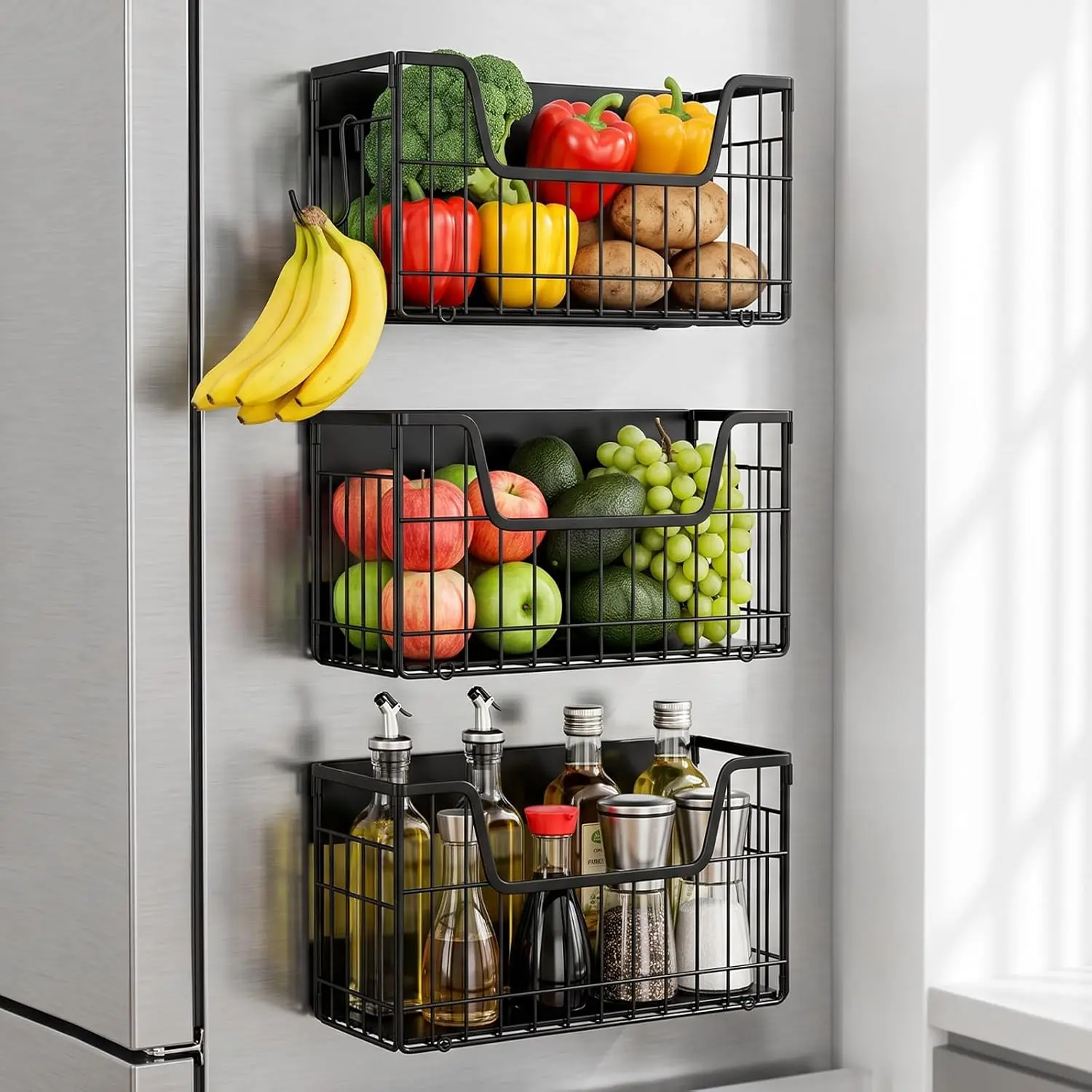 3-Pack Magnetic Shelves for Refrigerator–Heavy Duty Storage Baskets with Hooks,Space-Saving Fridge Organizer for Fruits,Vegetables,Snacks,Laundry & Kitchen Supplies,Adjustable Shelves, Wheels,Stackable Foldable Expandable,stackable storage bins