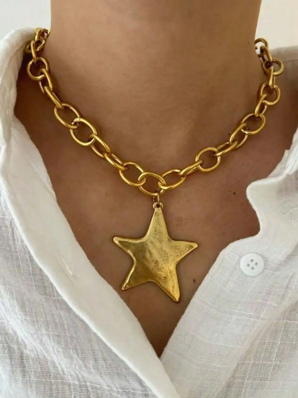 1pc Summer Beach Starfish Pendant Necklace With Chunky Chain, Suitable For Women's Daily, Party, Vacation, Travel Wear (Jewelry Surface Distressed Treatment)