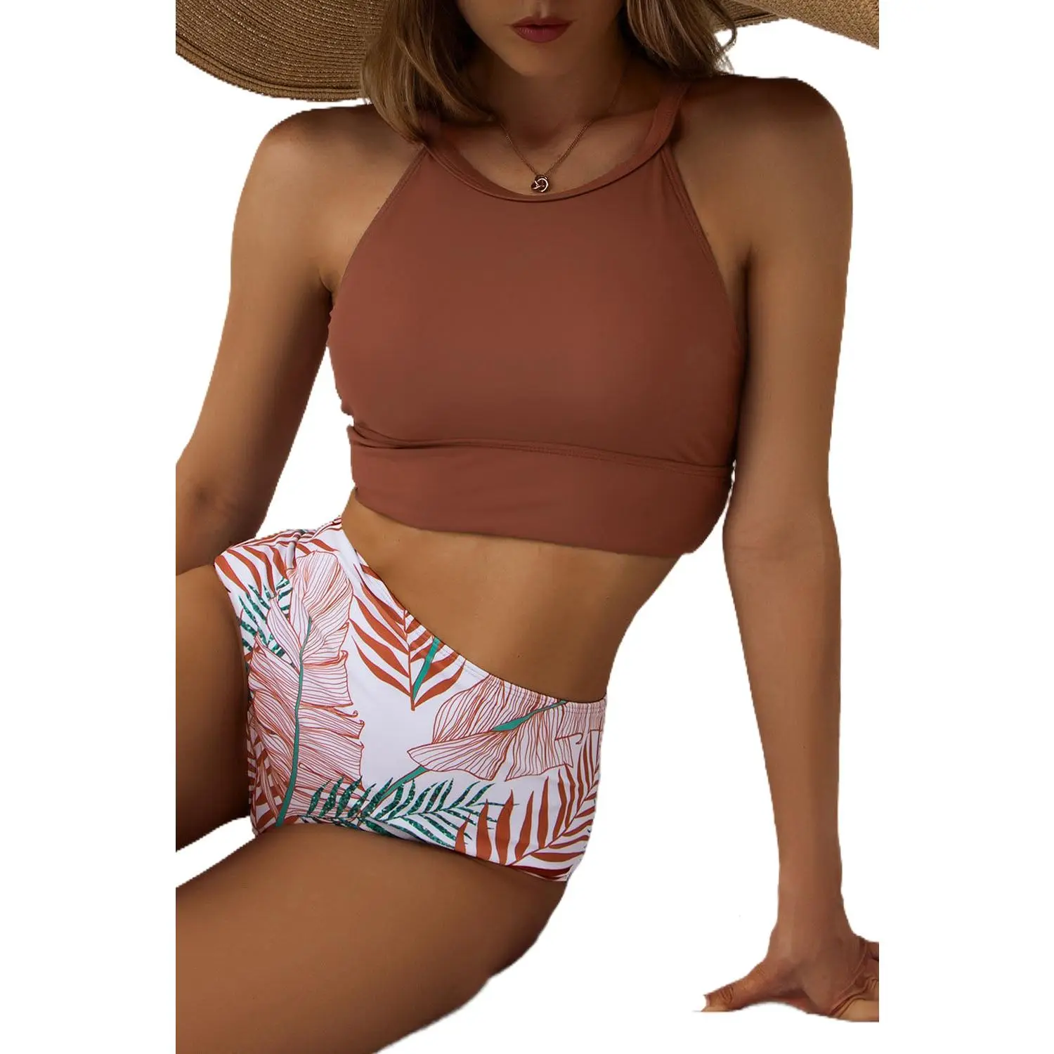 Brown Tropical Print Back Split Color Block High Waisted Swimsuit