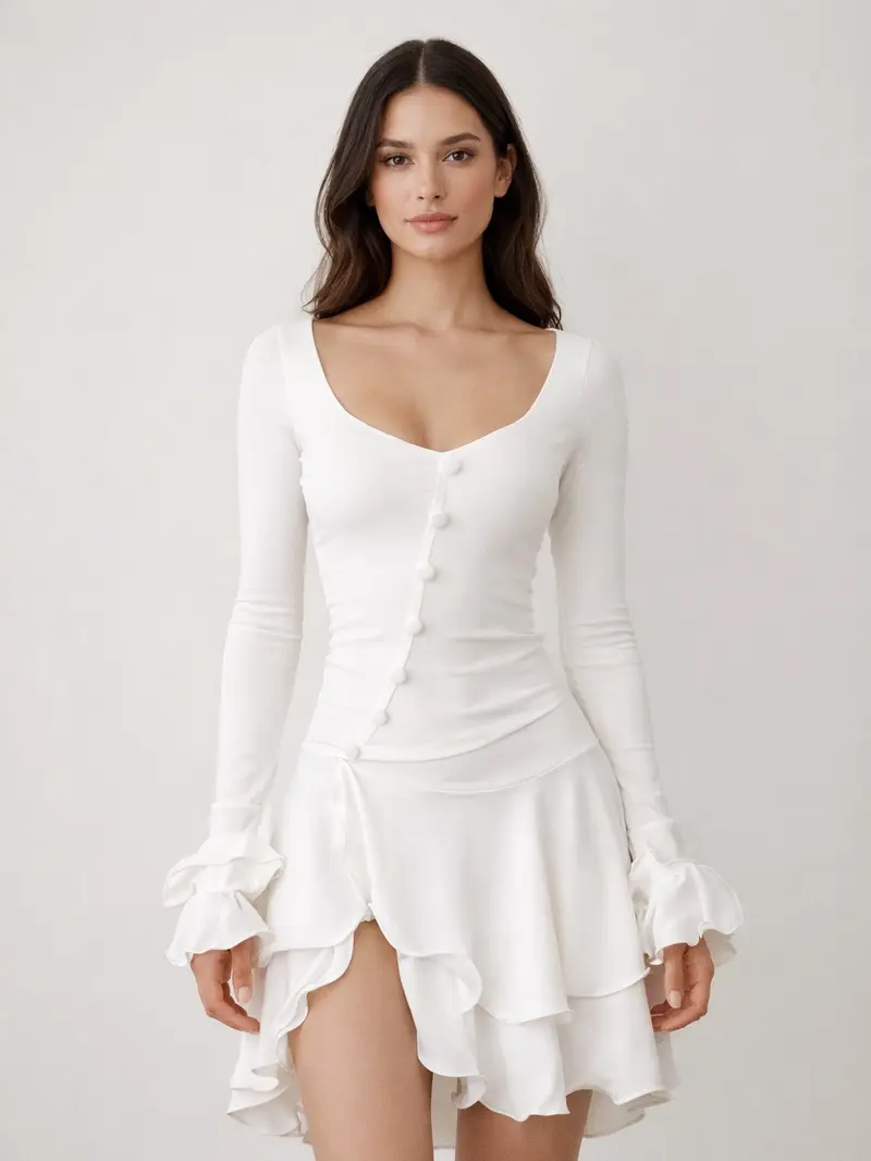 Pure Grace Dress - White Long Sleeve Ruffle Skirt with Button Detail for Women Elegant and Stylish Classic Fit