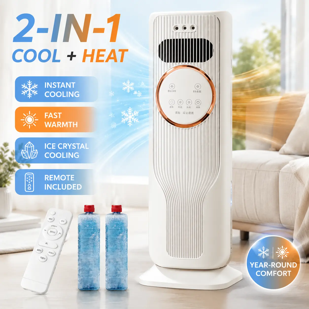 2026 New 2-in-1 Air Cooler & Heater, Ice Crystal Fan with Mist Humidifier, 2 Reusable Ice Packs Included for Bedroom Living Room