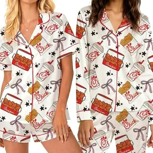 Cute Fast Food Pajama Set for Women, Fried Chicken & Fries Print PJ Shorts Set, Coquette Sleepwear, Soft Lounge Set, Fried Chicken Pajama Set, Fast Food Sleepwear, Funny Junk Food Pjs
