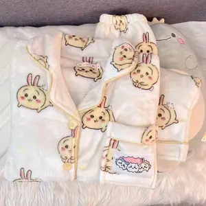 2Pcs Anime Hachiware Pajamas Girls Plus Velvet Thickened Warm Usagi Cute Pajamas Set Flannel Home Clothes Winter Homewear Gift